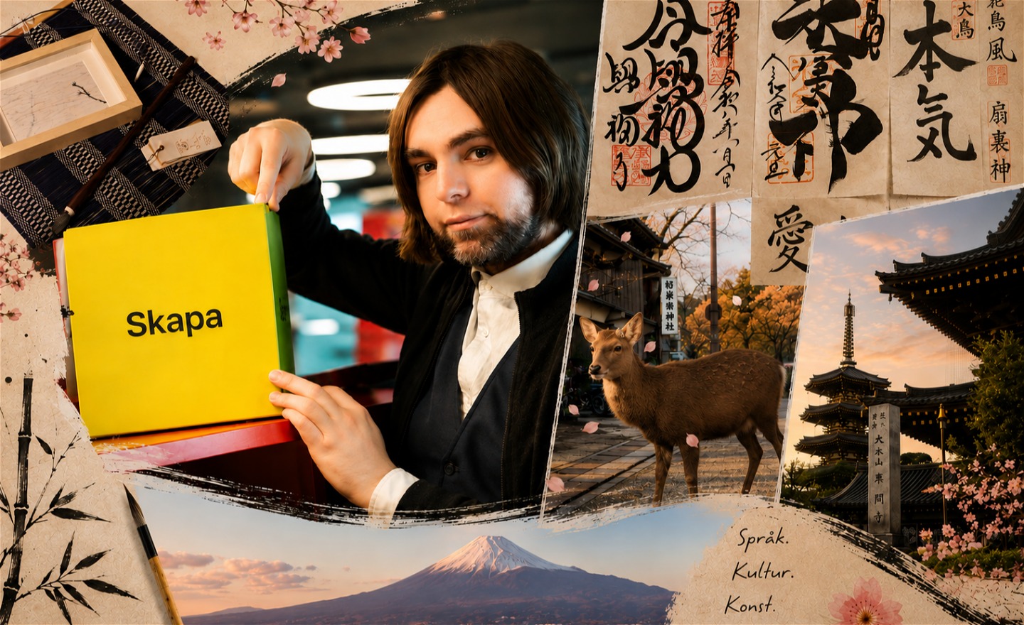 Collage som presenterar japansk kalligrafi och japansk kultur med kursledaren, skrivtecken och motiv från Japan.