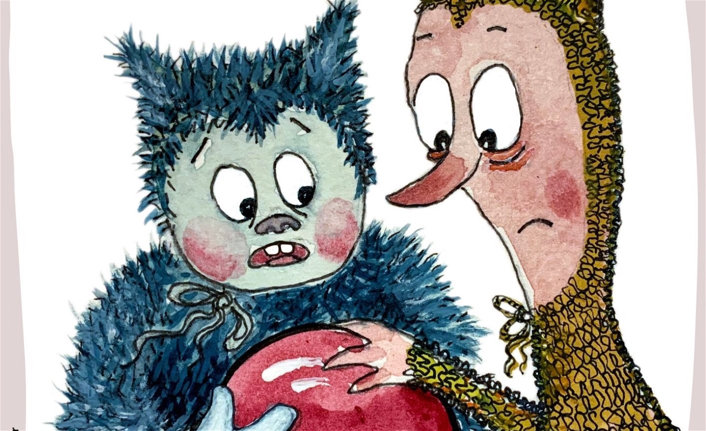 Två figurer håller i en röd boll. Båda ser ut att vilja ha bollen.