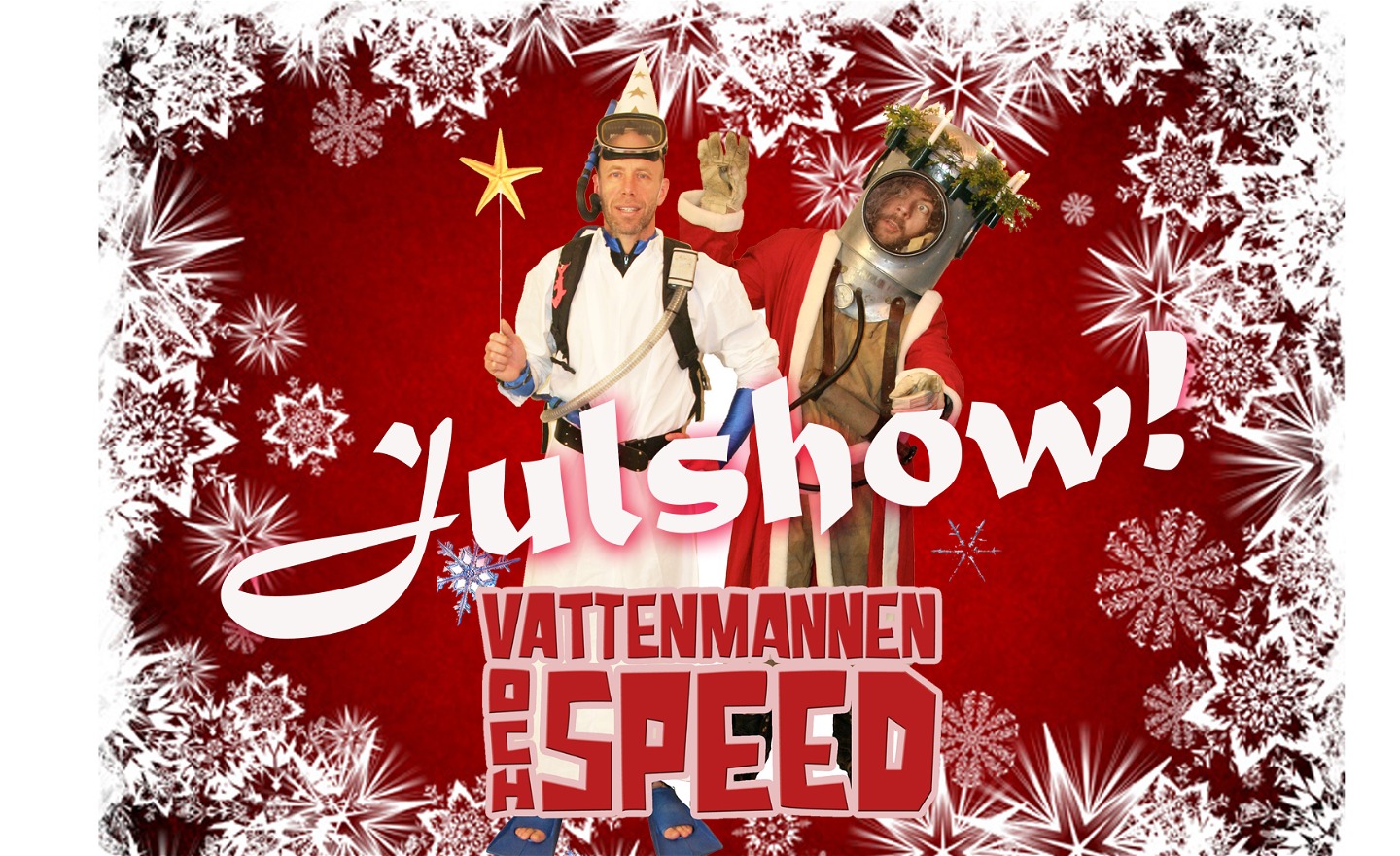 Vattenmannen och Speed med stämningsfulla snöflingor runt sig och en röd bakgrund.