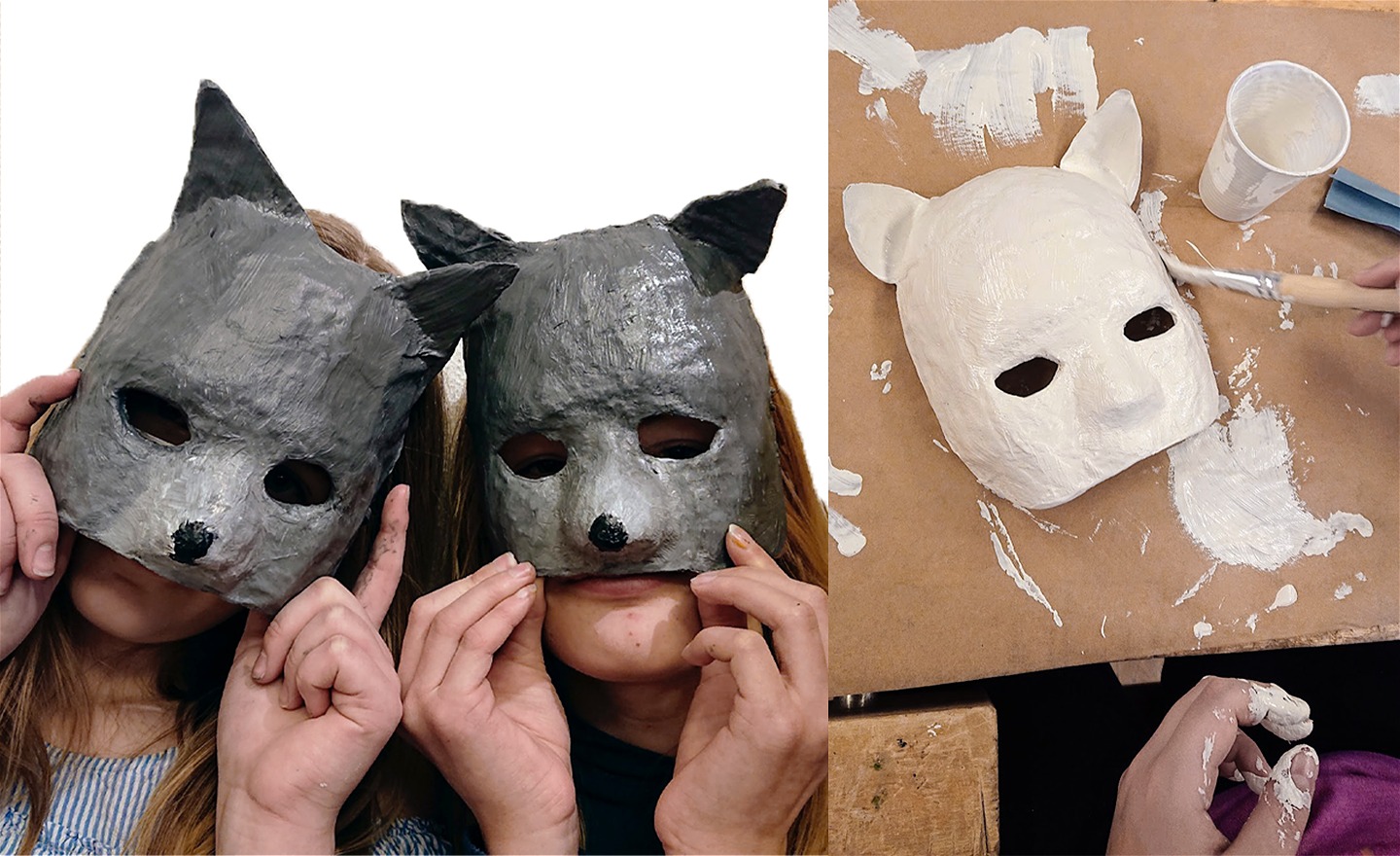 Bilden föreställer djurmasker som barn 13 år har gjort