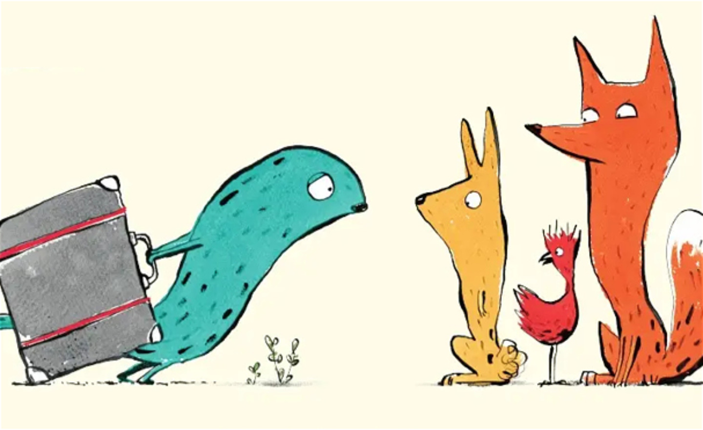 En trött figur med stor resväska möter en hare, en räv och en tupp.