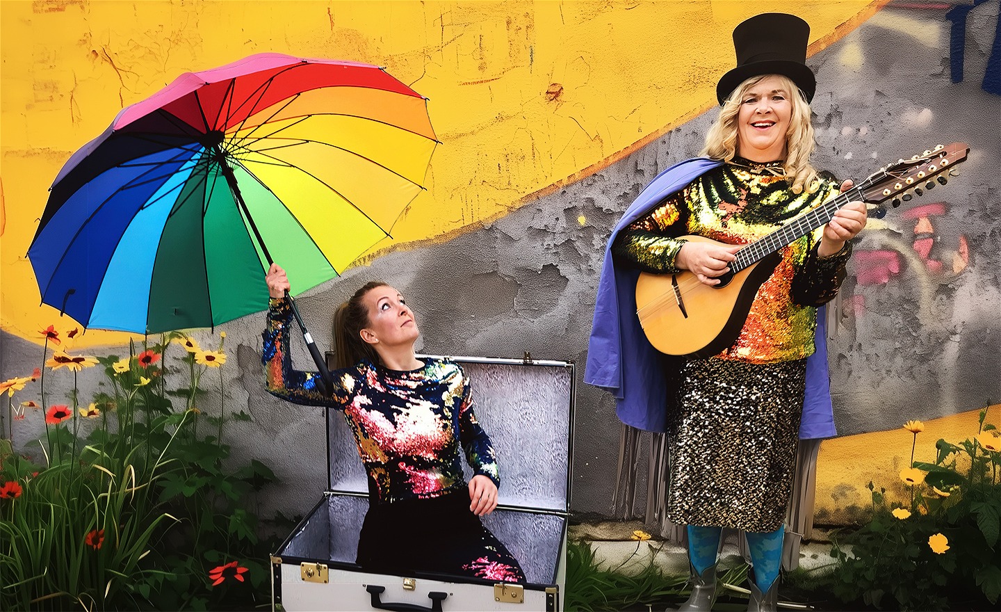 Emma Nordenstam och Cecilia Klingspor med paraply, blommor och instrument.