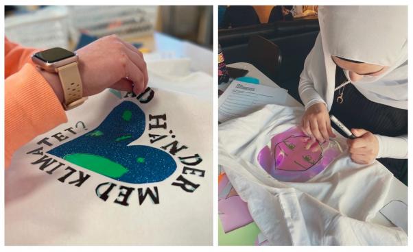 Händer trycker färg på textil