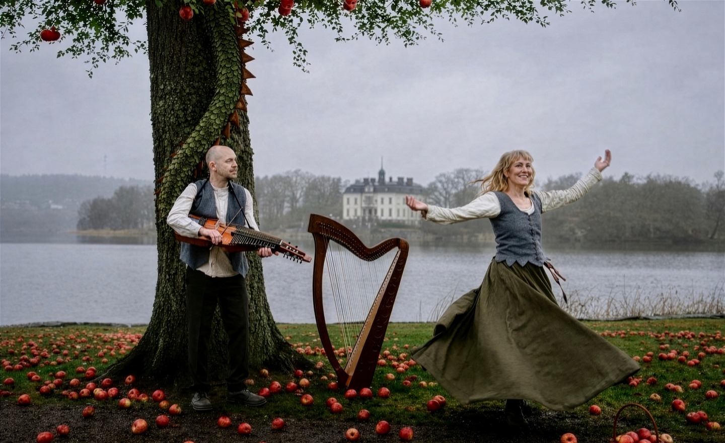 På bilden som är tagen utomhus under ett stort träd syns en person spela på nyckelharpa intill en keltisk harpa. På gräset, bland tusentals äpplen, dansar en aktör i vid kjol. På trädets stam ringlar en grön draksvans. Bilden är bearbetad med ai.