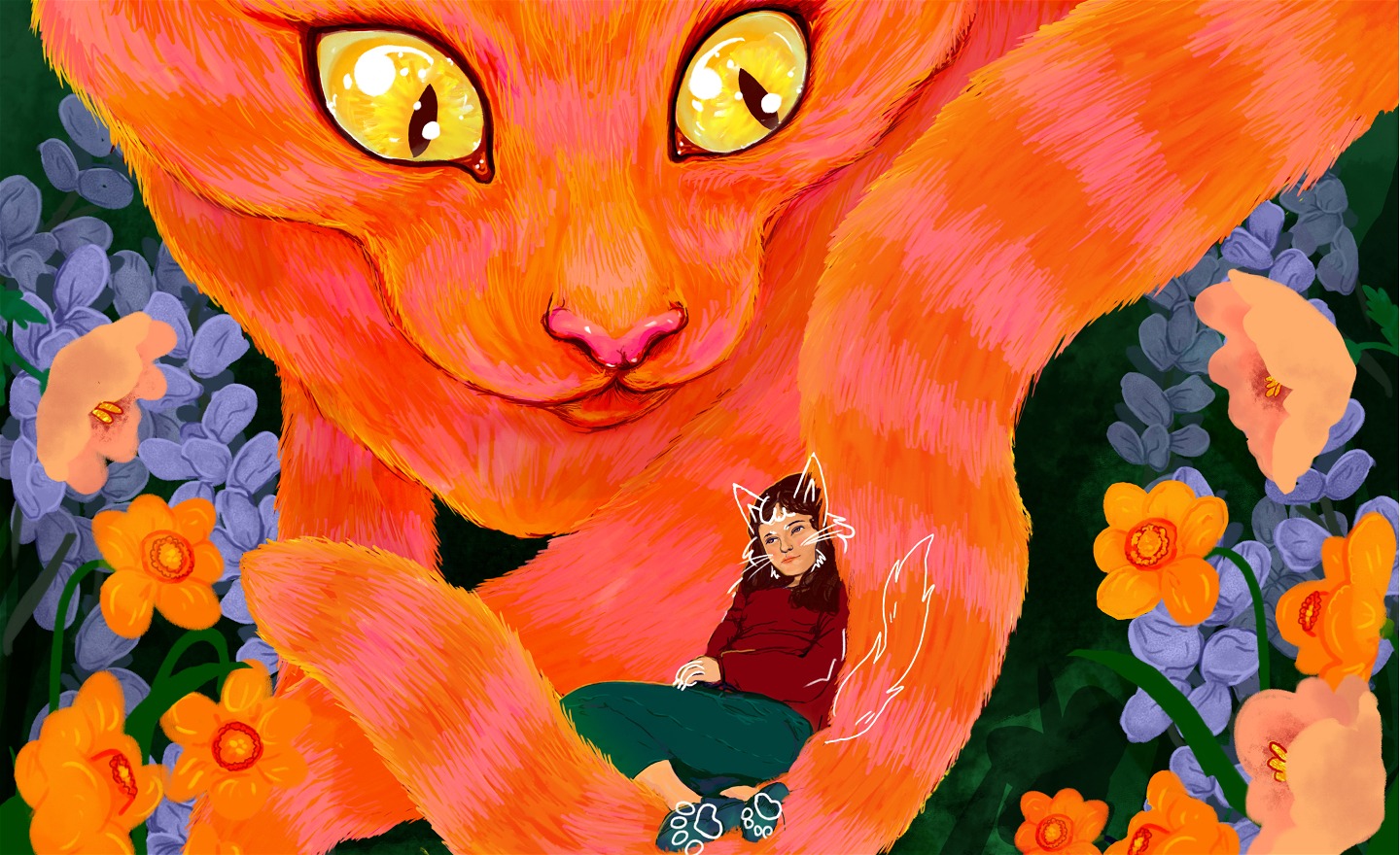 Illustration av en stor orange katt med en flicka vilandes på svansen.