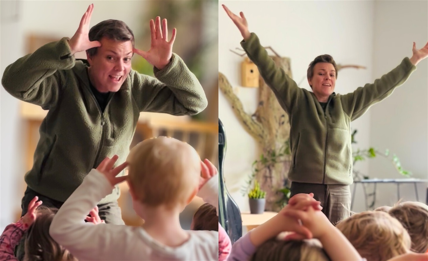 Två bilder bredvid varandra där bilderna visar en person som sjunger och gör röelser till musiken
