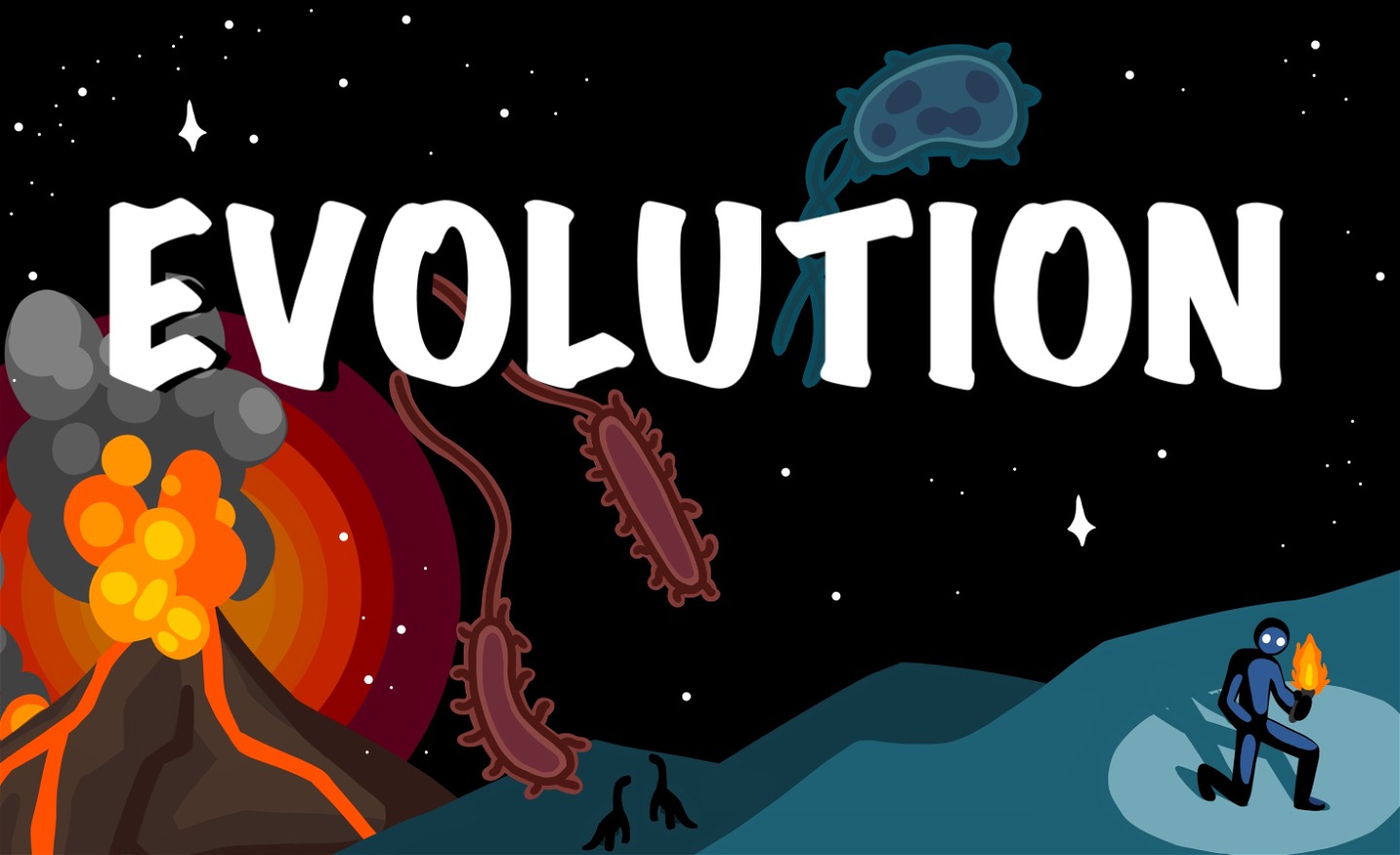 Illustration av vulkan som sprutar eld, tre stora bakterier, stjärnhimmel och en robotman med en fackla.
