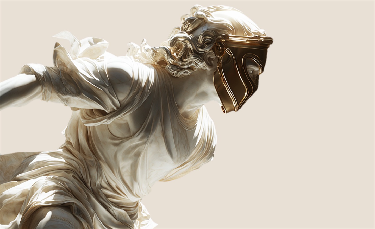 En grekisk staty i rörelse med en draperad klänning och mask för ansiktet.