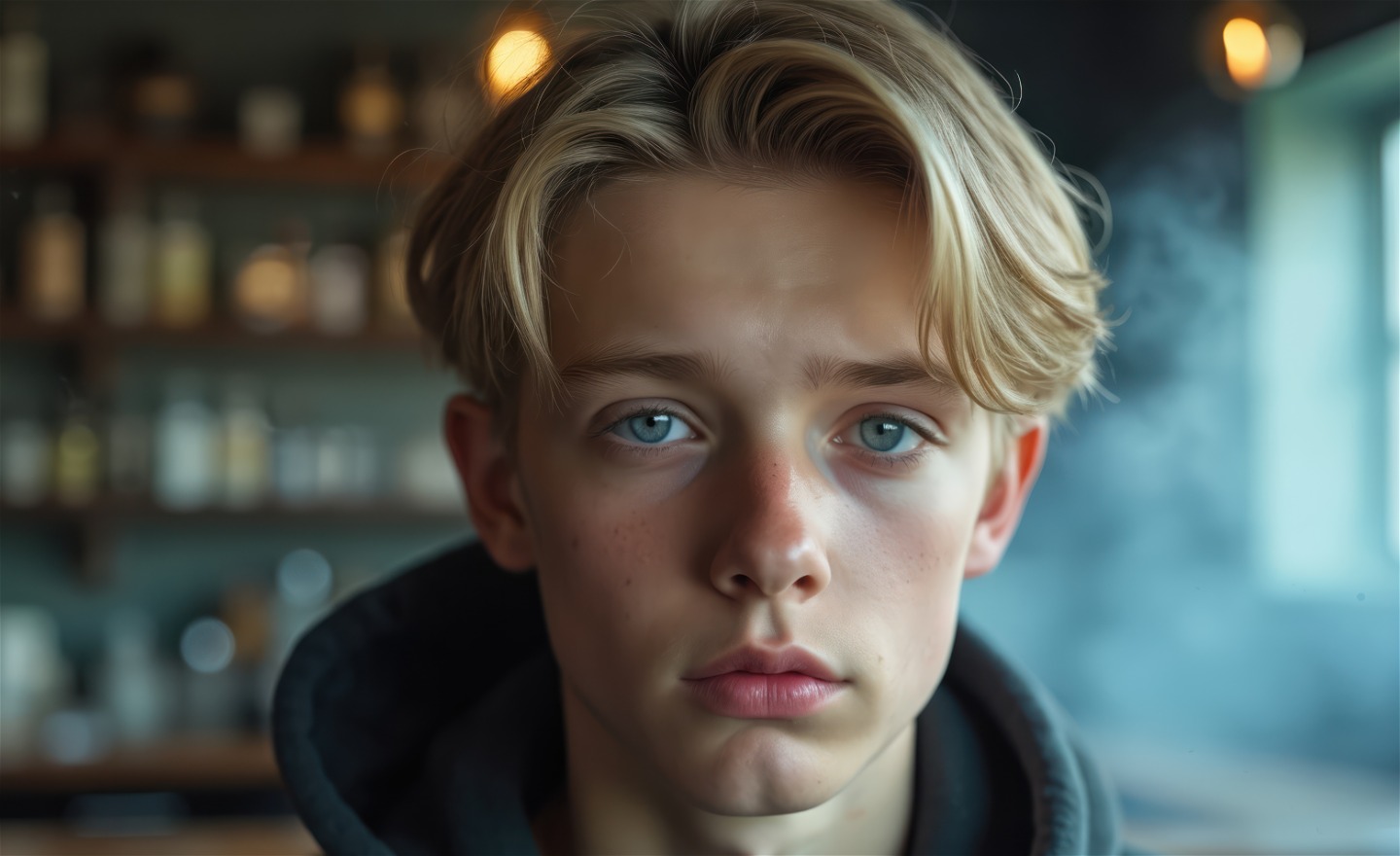 En pojke i yngre tonåren tittar rakt fram 