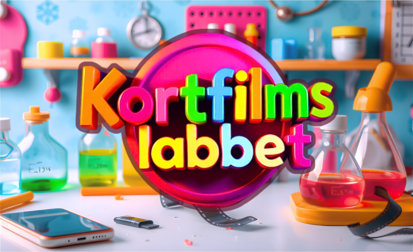 I bakgrunden ser vi ett färgglatt laboratorium med olika verktyg och behållare, i förgrunden en hög med smartphones, över detta en logotyp för Kortfilmslabbet.