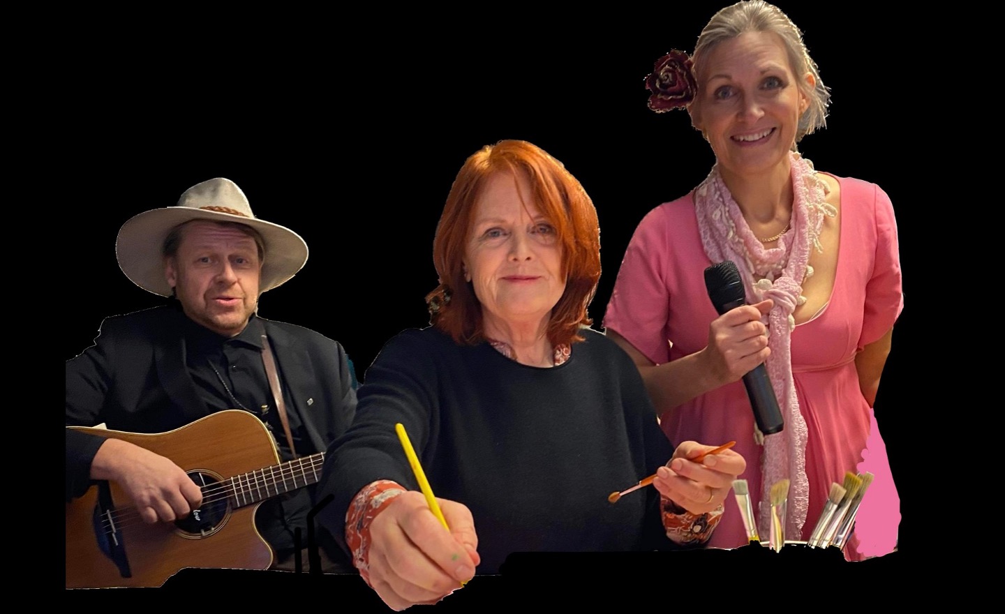 Maria sitter i mitten och har en pensel i sin hand som hon sträcker fram. Stefan sitter till vänster med hatt och gitarr precis som Evert Taube brukade ha. Gabriella står till höger, har rosa klänning  och håller i en mikrofon. 