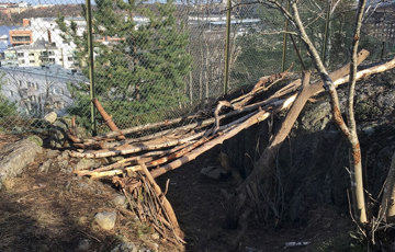 En koja byggd mellan två stora klippblock.