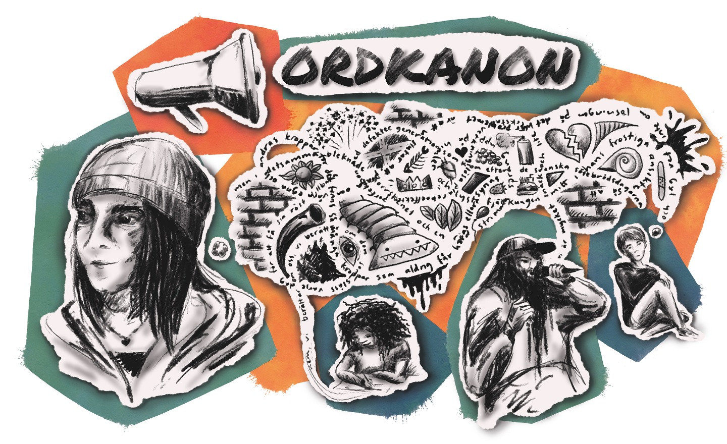 En teckning av poeter, rappare, tänkare och skrivare. En stor pratbubbla fylld med konst och en megafon.