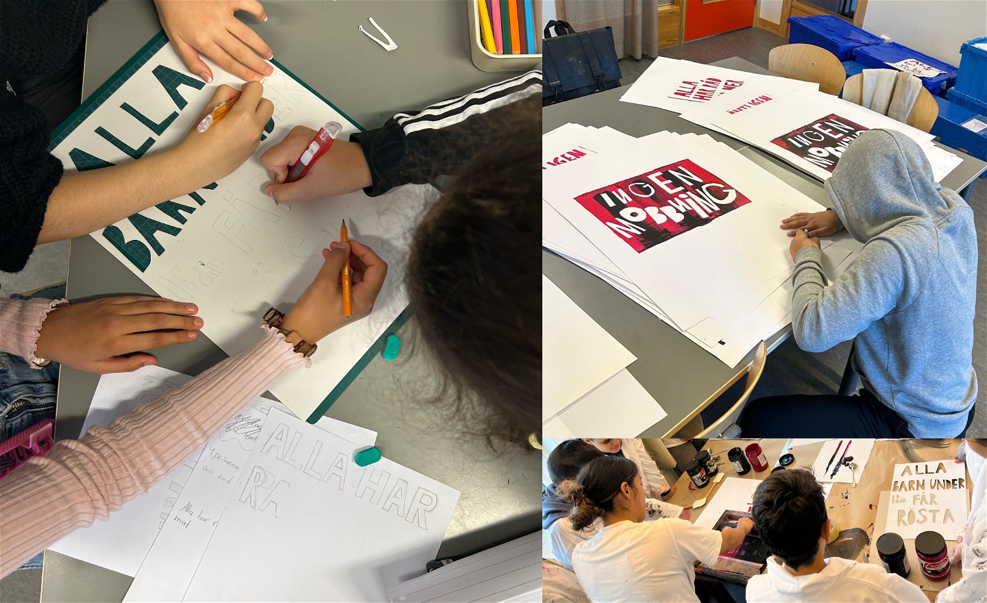 Ett collage på tre bilder, I den vänstra ser vi händer från tre olika barn som skriver och arbetar med en schablon, I högra bilden ser vi ett barn som signerar en tryckt löpsedel. 