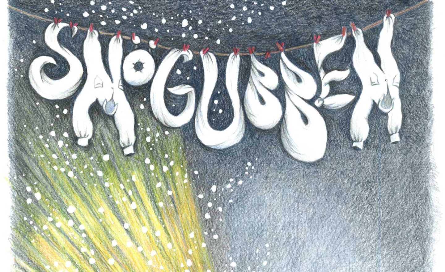 hängande tvätt som formar texten snögubben i skenet av en ficklampa