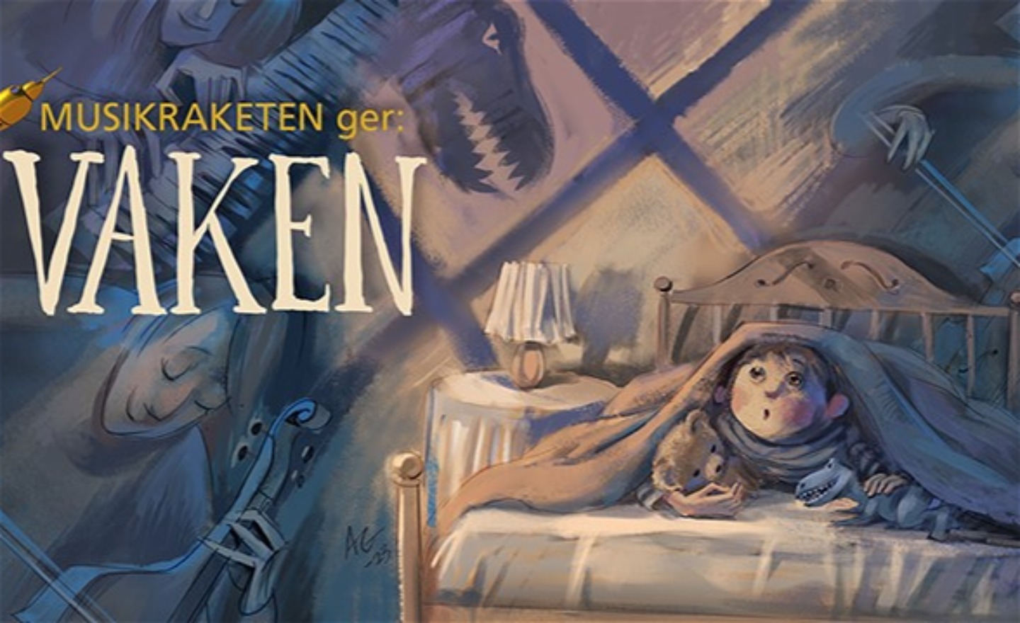 Ett tecknad bild av ett barn som kikar fram under täcket . Skuggor på väggen och någon som spelar cello i förgrunden