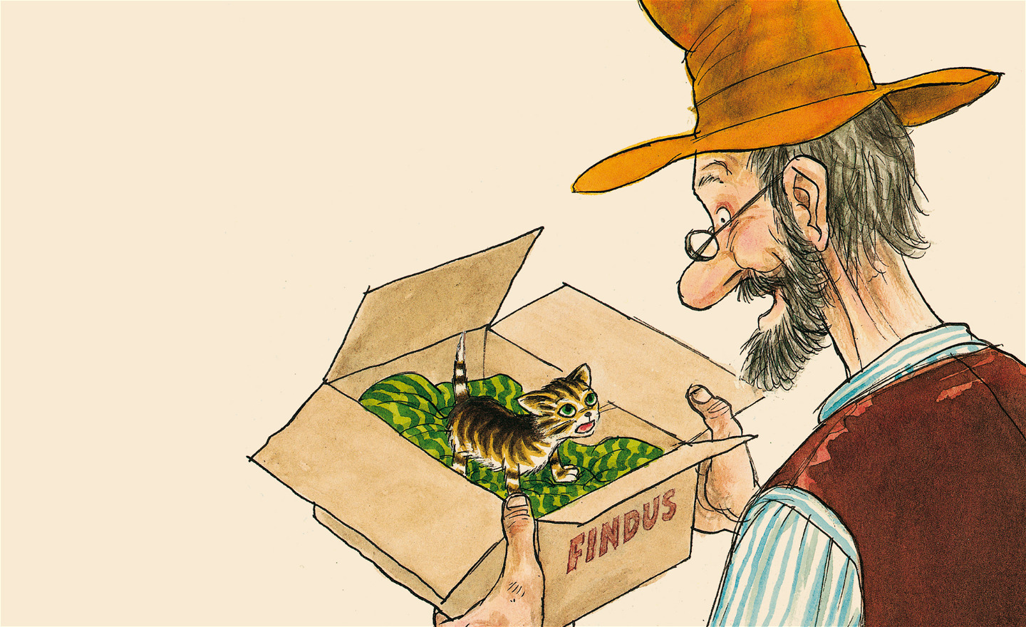 Bild på Pettson som hittar kattungen Findus i en kartong