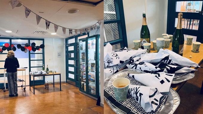 Invigningsfest med ballonger, glas och flaskor.