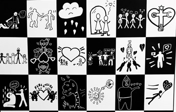 Svartvita teckningar i ett schackrutigt mönster.