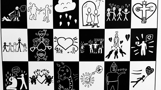 Svartvita teckningar i ett schackrutigt mönster.