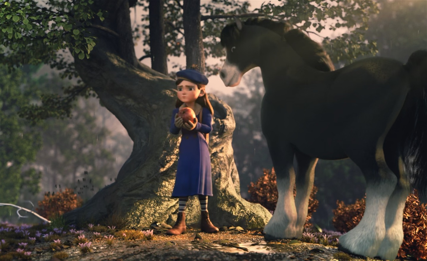 En allvarlig flicka i lila kappa och basker som håller i ett äpple. Intill henne står en arbetarhäst och tittar på äpplet.