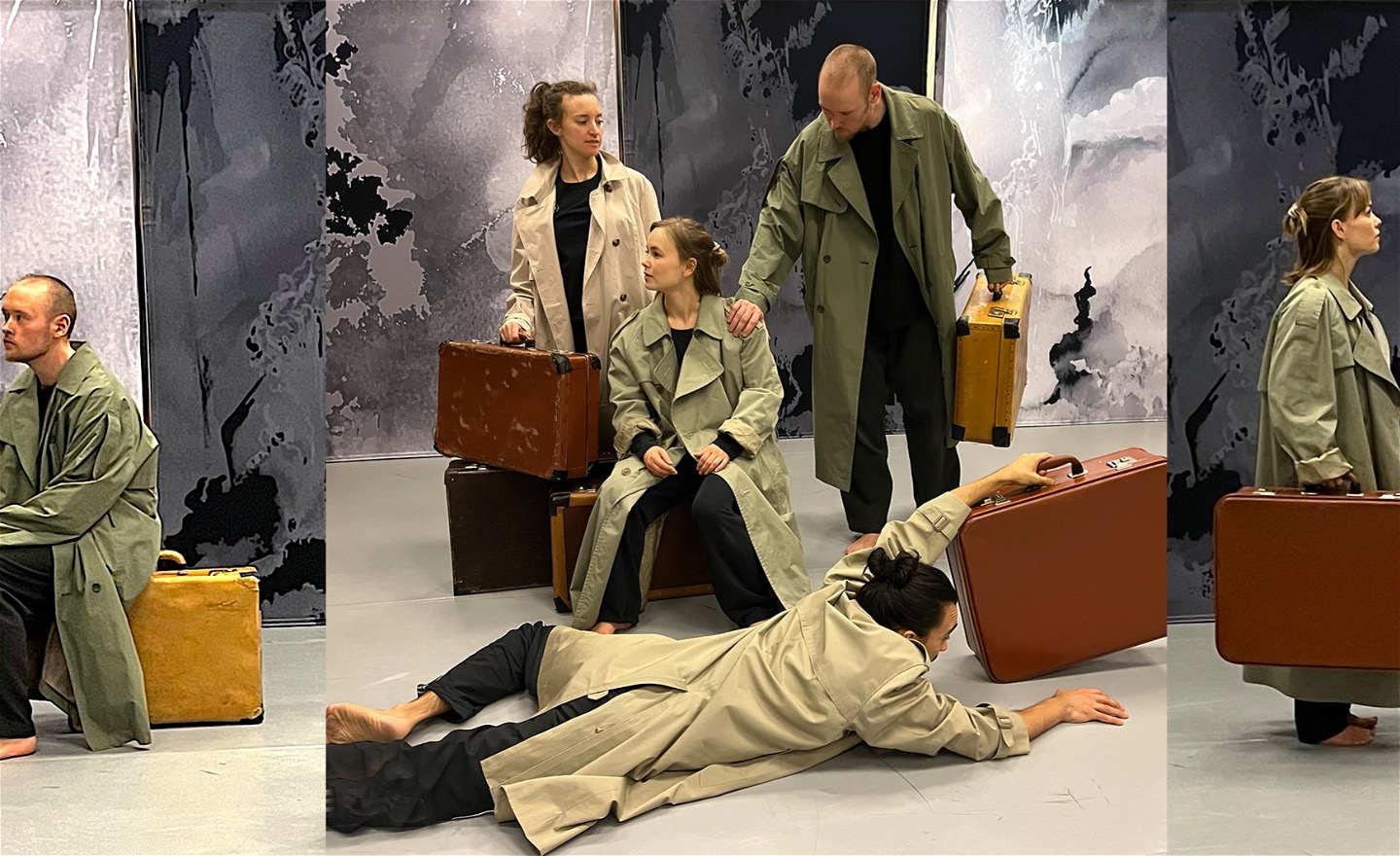 Tredelad bild med dansare i trenchcoats mot qråspräcklig bakgrund, de sitter på och håller i resväskor