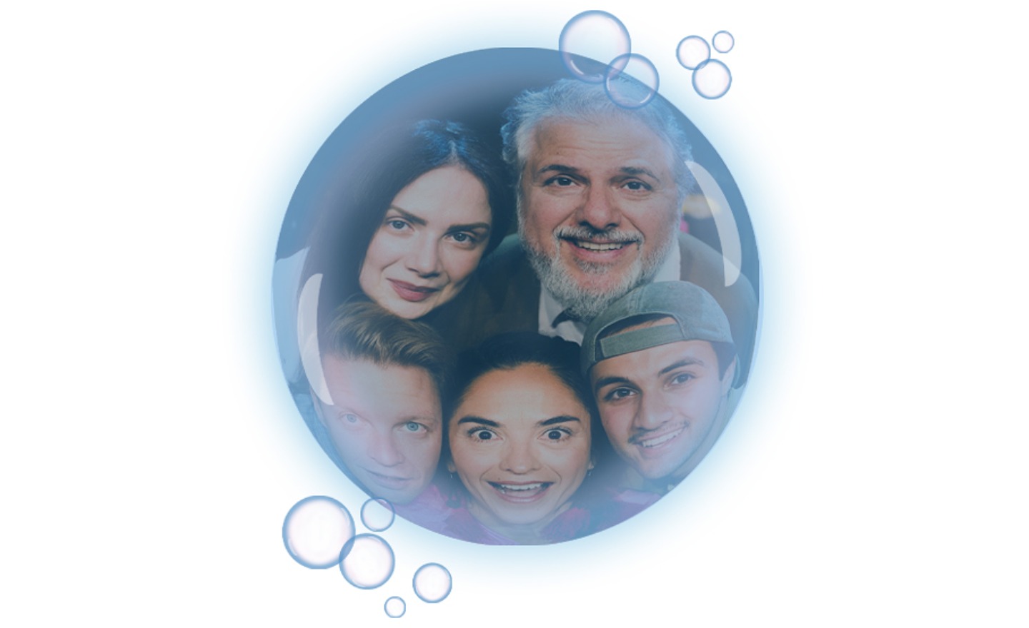 En bild där bandlemmarnas ansikte är inuti en bubbla.