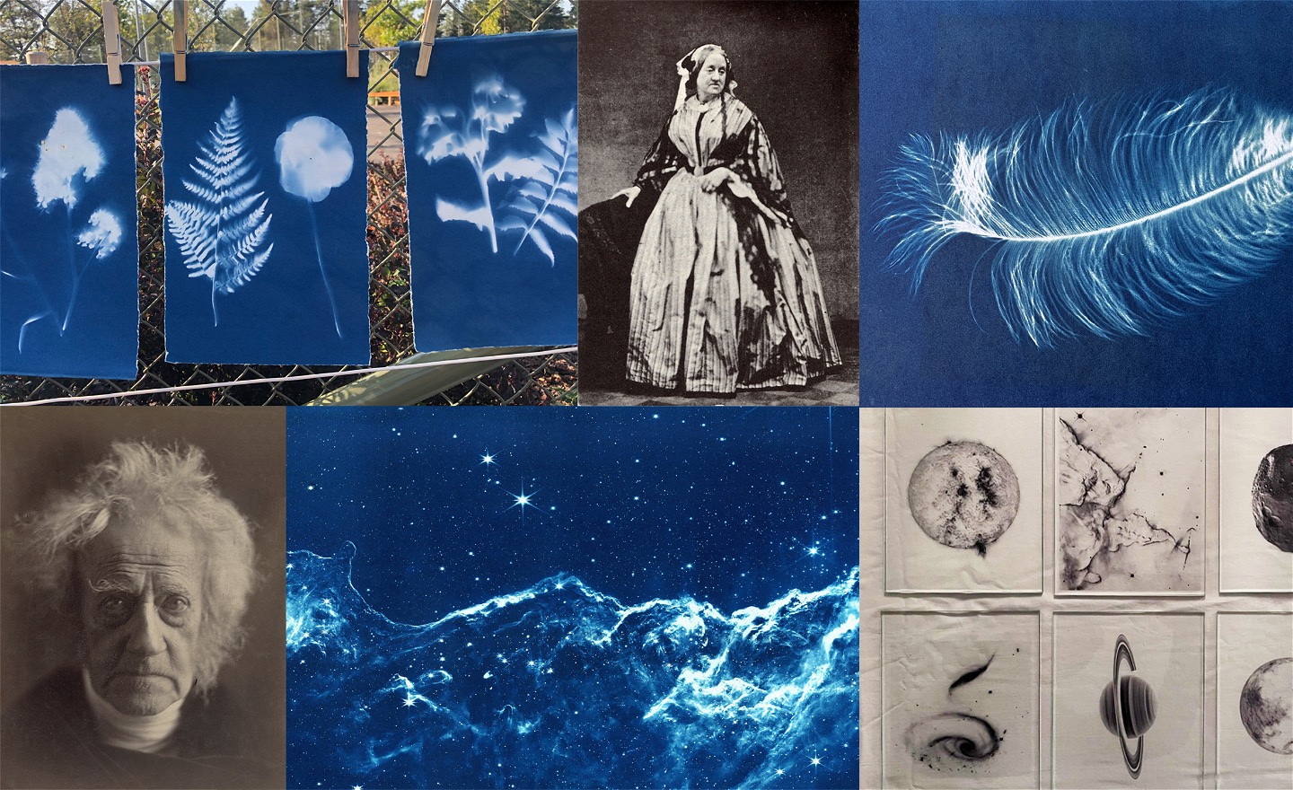 Collage av historiska porträtt av en man och en kvinna, glasnegativ och cyanotypier.